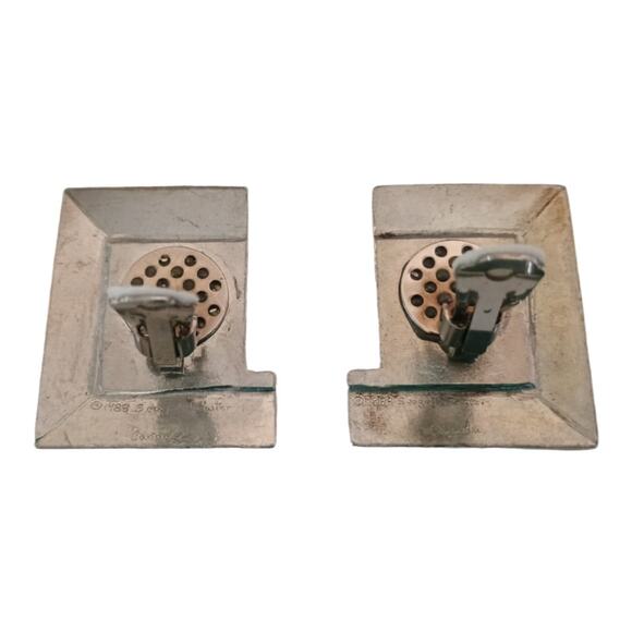 Vintage Seagull Pewter Modernist Geometric Earrings 1988 Signed Clip-On - Picture 6 of 9